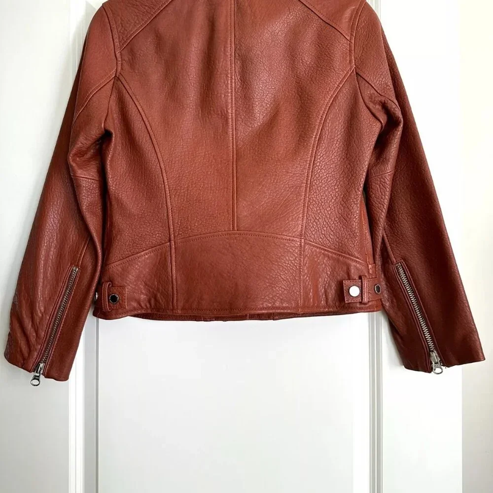 Women's DEREK LAM 10 Crosby Cognac Lambskin Leather Moto Jacket - Size S